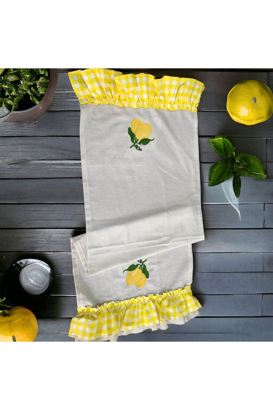 Lemon Embroidered, Ruffled, Buldan Linen Runner &amp; Ranır