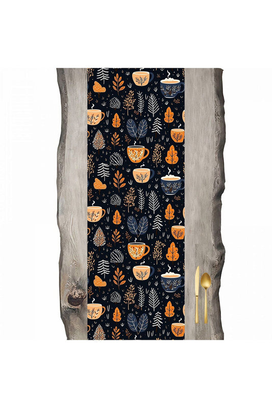 Autumn Series Black Base Autumn Leaves and Hot Cup Runner 45 x 140 cm