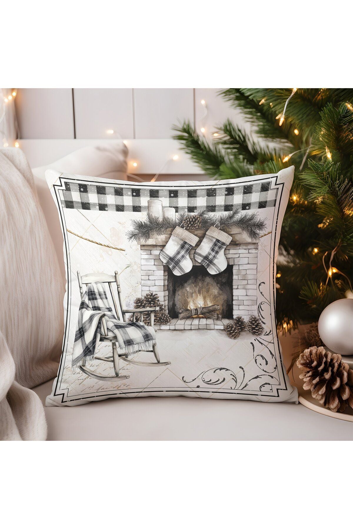 Yılbaşı, Christmas, Kış, Winter Serisi Ekoseli Kırlent - Kırlent Kılıfı