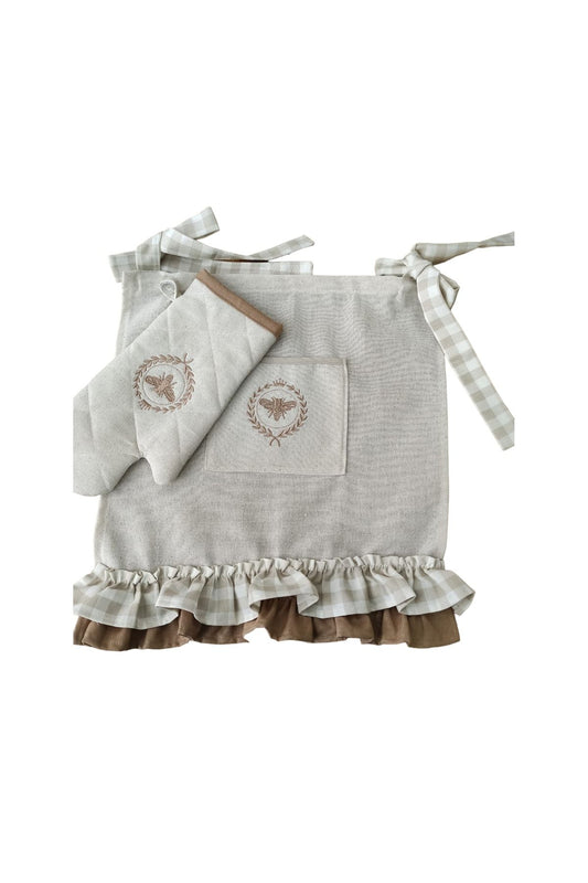 Bee Embroidered, Ruffled, Buldan Linen Oven Apron (COVER) and Gloves