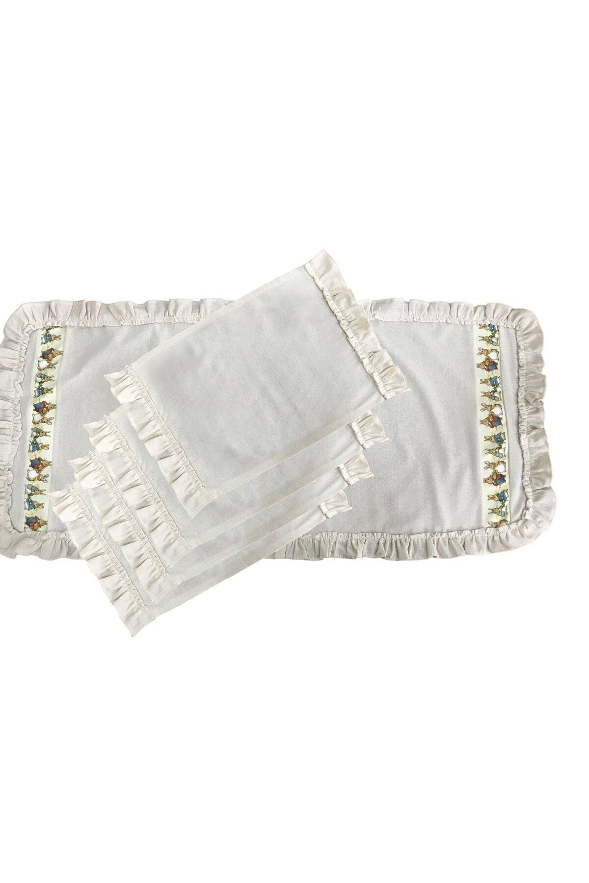 Keten, Bohem, Fırfırlı, Vintage, 4 Adet Amerikan Servis ve Fırfırlı Runner Tavşan Set