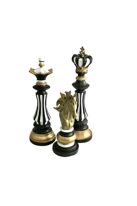 Black and White Striped Gold 3 Piece Chess Figurine