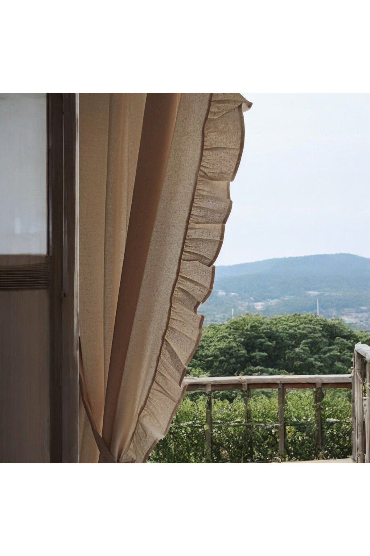 Ruffled Natural Linen Vintage Cotton Linen Curtain (Width x Length) - Single Wing