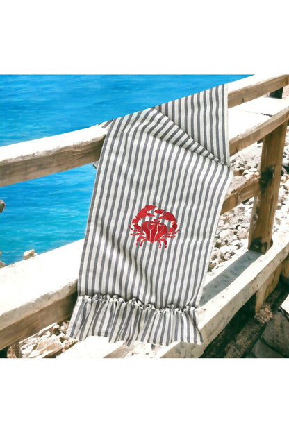 Striped Linen Fabric with Crab Embroidery Runner &amp; Tablecloths / Kitchen &amp; Table Linens
