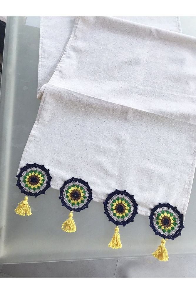 Hand Knitted Runner, Knitted Runner, Crochet Runner - Ranir, Navy Blue Yellow Green Gray
