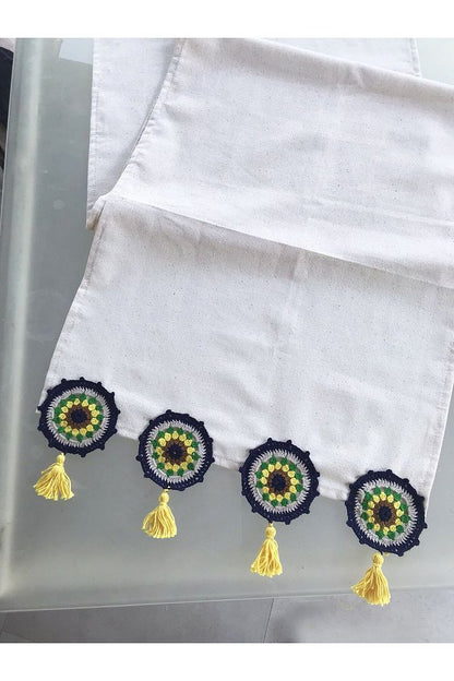 Hand Knitted Runner, Knitted Runner, Crochet Runner - Ranir, Navy Blue Yellow Green Gray