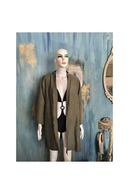 Ham Nakışlı Oversize Keten Kısa Ceket Kimono / Kaftan Haki Rengi