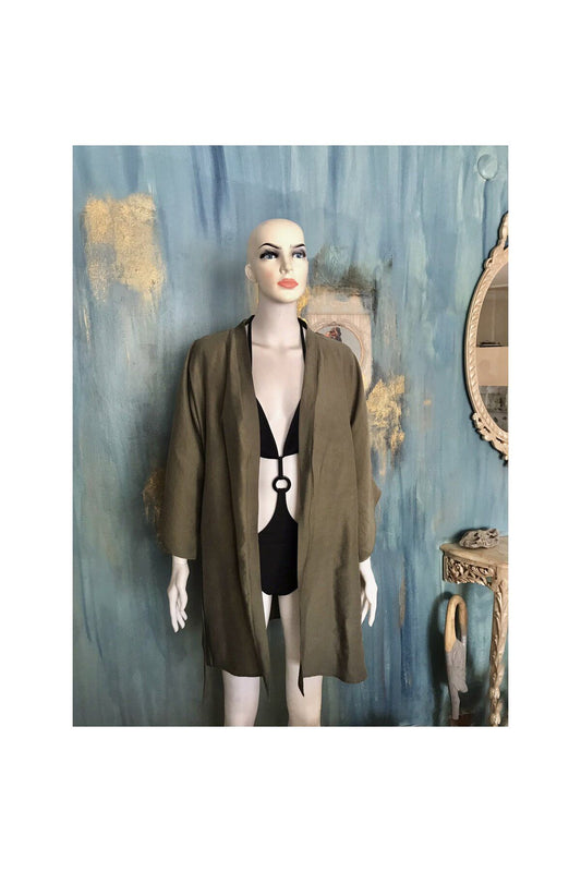 Ham Nakışlı Oversize Keten Kısa Ceket Kimono / Kaftan Haki Rengi