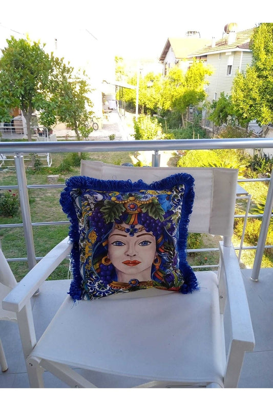 Baci Milano Siccilia Mavi Püskül No1 Kırlent & Kırlent Kılıfı