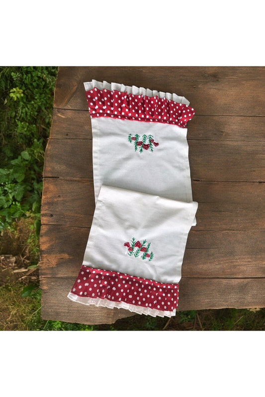 Mushroom Embroidered, Ruffled, Buldan Linen Runner &amp; Ranır