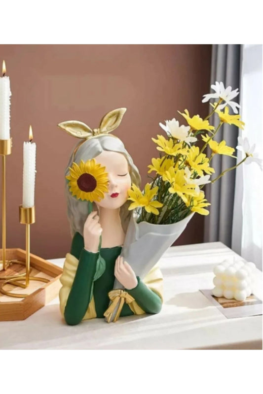 Girl with Sunflower Bouquet Statue Green