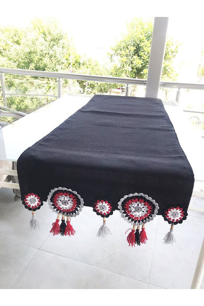 Hand Knitted Runner, Knitted Runner, Crochet Runner - Ranir, M15, Black Red Gray White