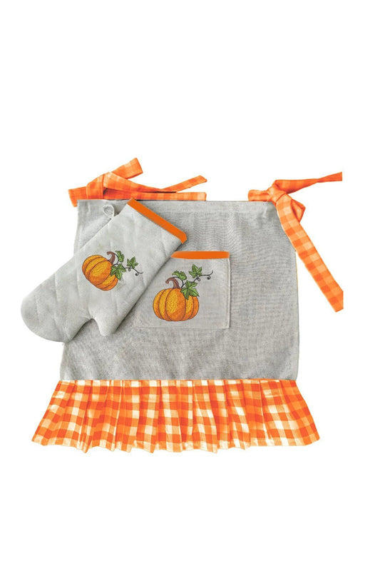 Pumpkin Embroidered, Ruffled, Buldan Linen Oven Apron (Cover) and Gloves