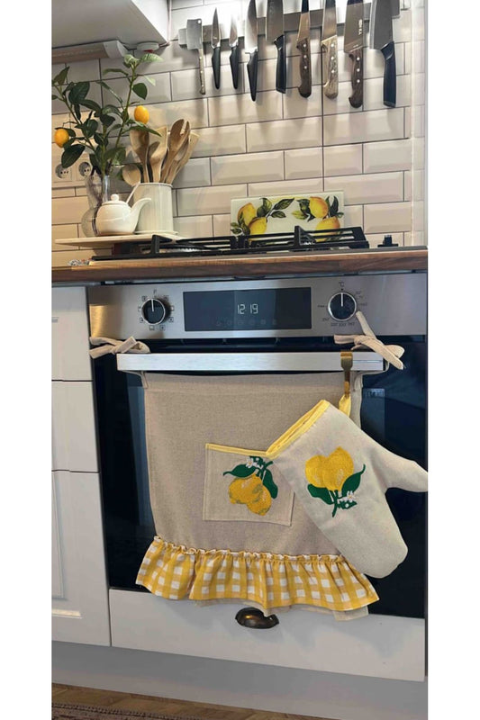 Lemon Embroidered, Ruffled, Buldan Linen Oven Apron (COVER) and Gloves