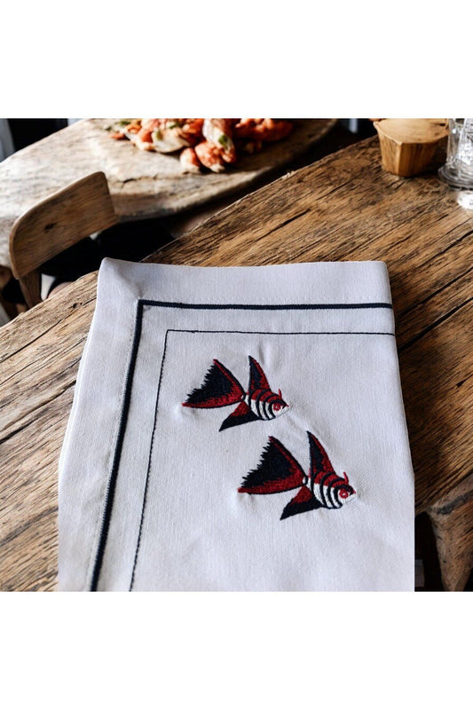 Lover Fish Embroidered Linen Cloth Napkin 2 Pieces - Decorative Serving Napkin