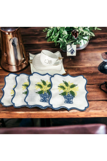Bleu Blanch Lemons in a Vase Patterned 4-Piece Cocktail Serving Napkins Handcrafted Embroidery
