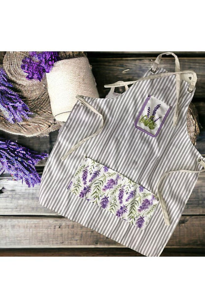 Lavender Pattern 4 Piece Kitchen Set; Kitchen Apron, Oven Glove, Hand Towel and Pot Holder Set