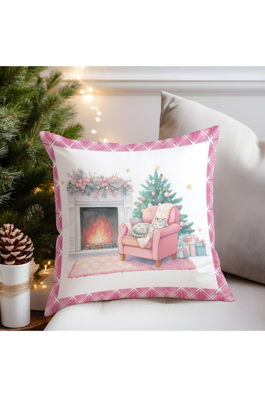 Yılbaşı, Christmas, Kış, Winter Serisi Pembe Kırlent - Kırlent Kılıfı