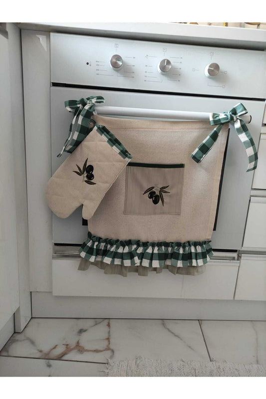 Olive Embroidered, Ruffled, Buldan Linen Oven Apron (COVER) and Gloves