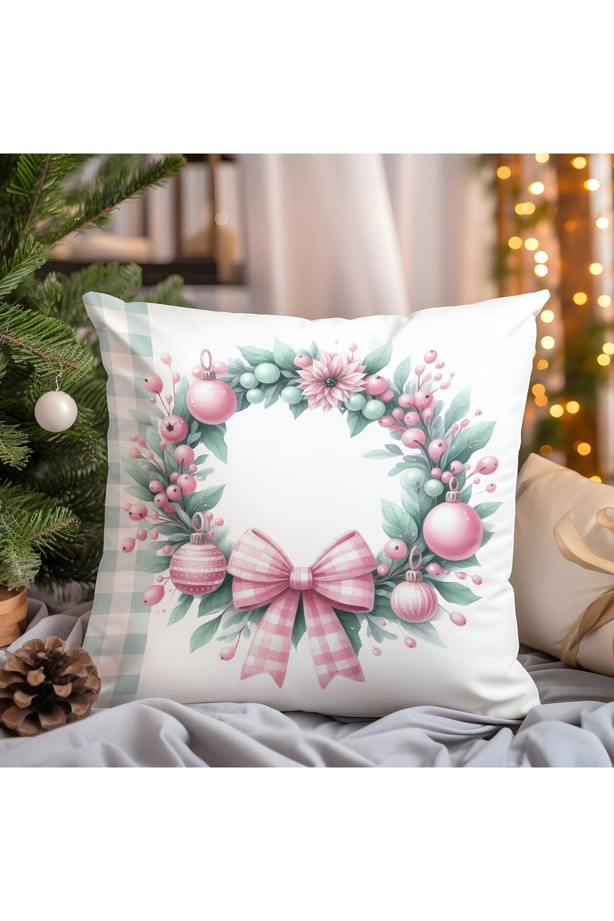 Yılbaşı, Christmas, Kış, Winter Serisi Ekoseli Kırlent - Kırlent Kılıfı