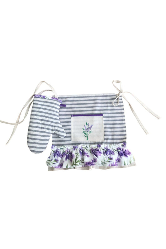 Lavender Embroidered, Ruffled, Buldan Linen Oven Apron (COVER) and Gloves