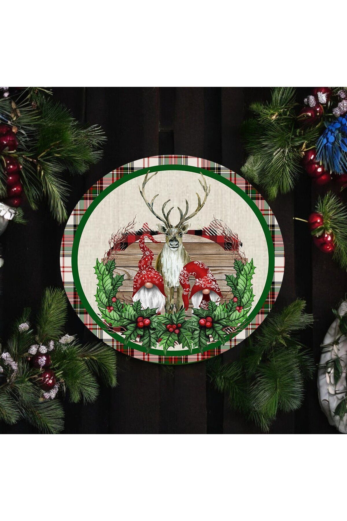 Deer Gnome 2 Pieces Winter Plate, Fabric - Wooden Plate Inside