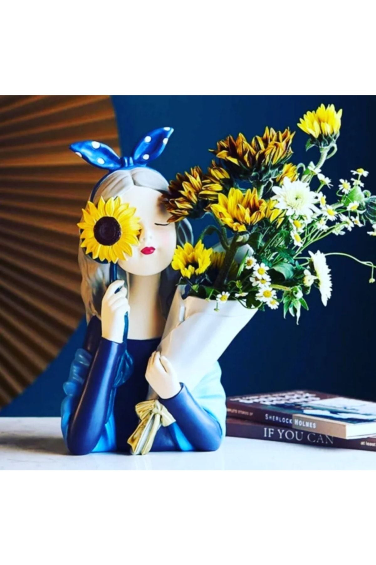 Girl with Sunflower Bouquet Statue Blue