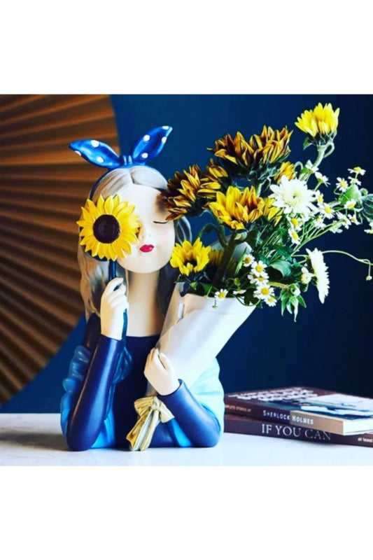 Girl with Sunflower Bouquet Statue Blue