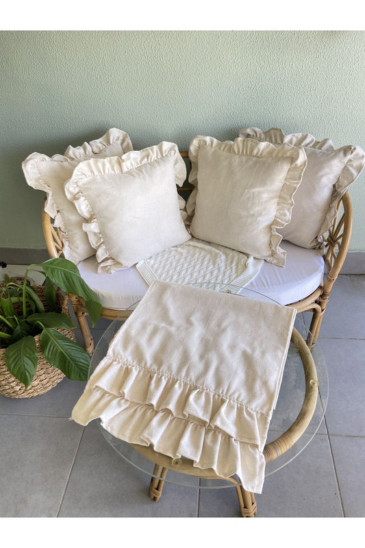 Keten, Bohem, Fırfırlı, Vintage, 4 Kare Kırlent Kılıfı, Çift Kat Fırfırlı Runner Set