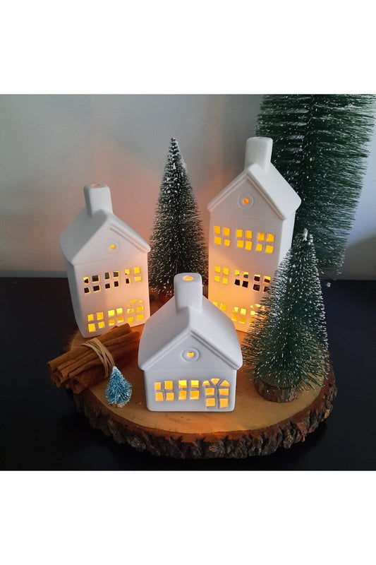 Ceramic House Shaped Candle Holder Set of 3 Hand Painted