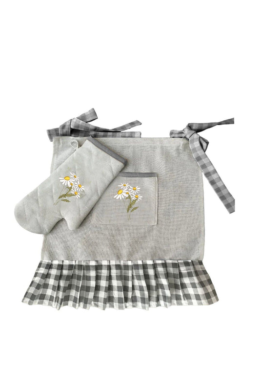 Buldan Linen Oven Apron (Cover) and Gloves with Daisy Embroidery and Ruffles