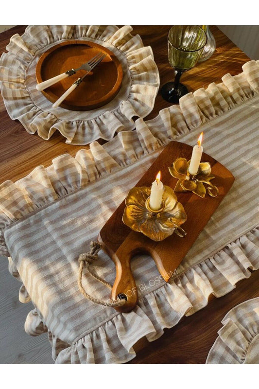 Fırfırlı Sütlü Kahve Çizgili Keten Runner 40 x 150
