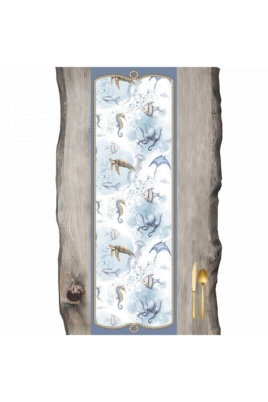 Sea Creatures Cream Blue Pattern Runner - Runner