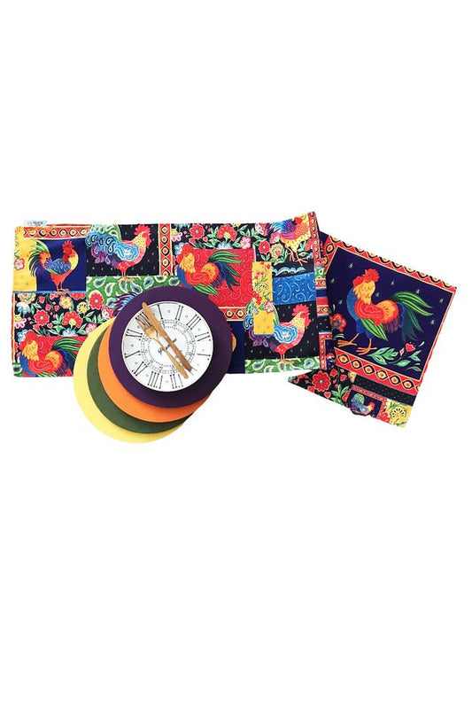 Country Farm Rooster Runner with 4-Piece Colorful Fabric Underlay