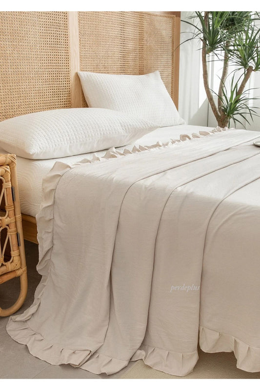 Buldan Linen Bedspread, Cotton Linen, Ruffle Beige 240*260 cm.