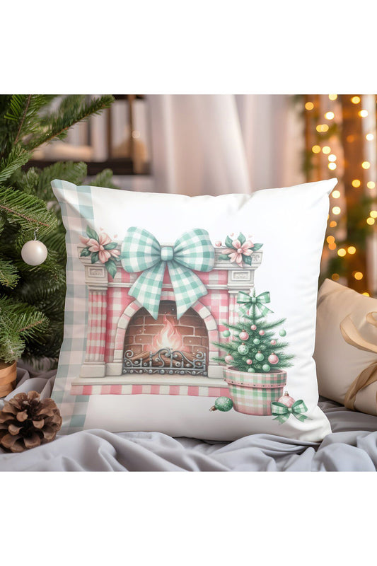 Yılbaşı, Christmas, Kış, Winter Serisi Mint Ekoseli Kırlent - Kırlent Kılıfı