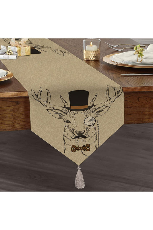 Beige Deer Patterned Triangle Tassel Runner