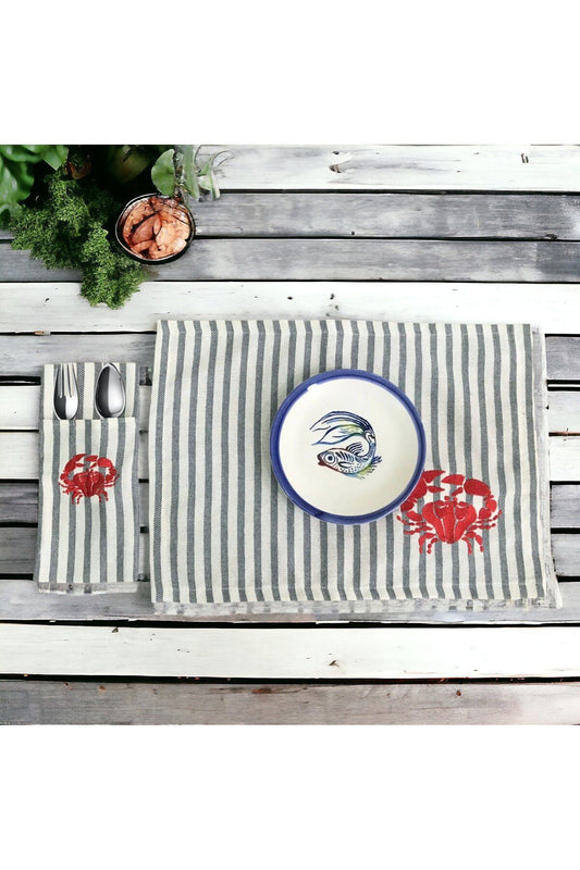 Striped Linen Crab Embroidered 1 Runner, 4 American Placemats, 4 Forks and Spoons Table Service Set