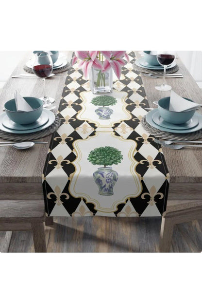 Cortly Harlequin Fleur de lis chinoiserie mavi ve beyaz vazo Desen Ranır - Runner
