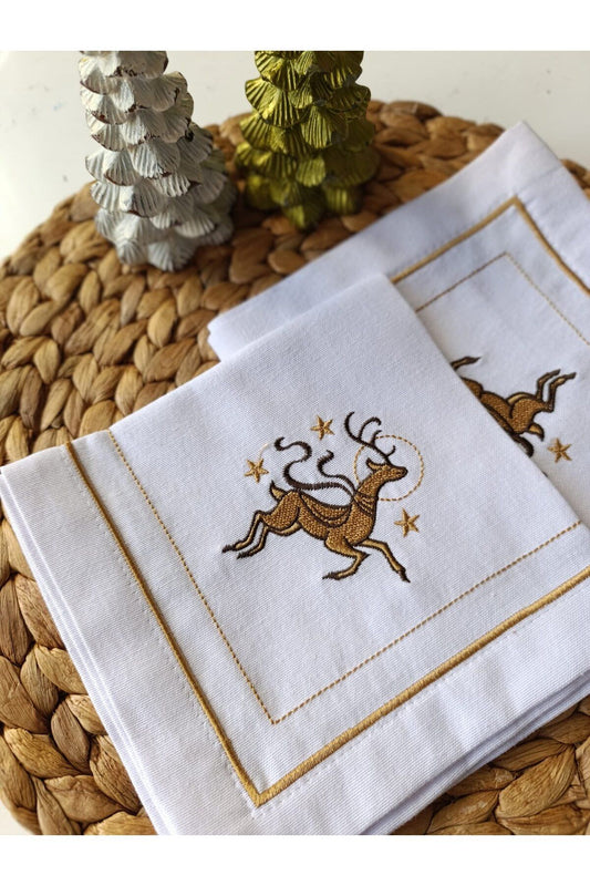 Golden Deer Embroidered Linen Cloth Napkin 2 Pieces - Decorative Serving Napkin