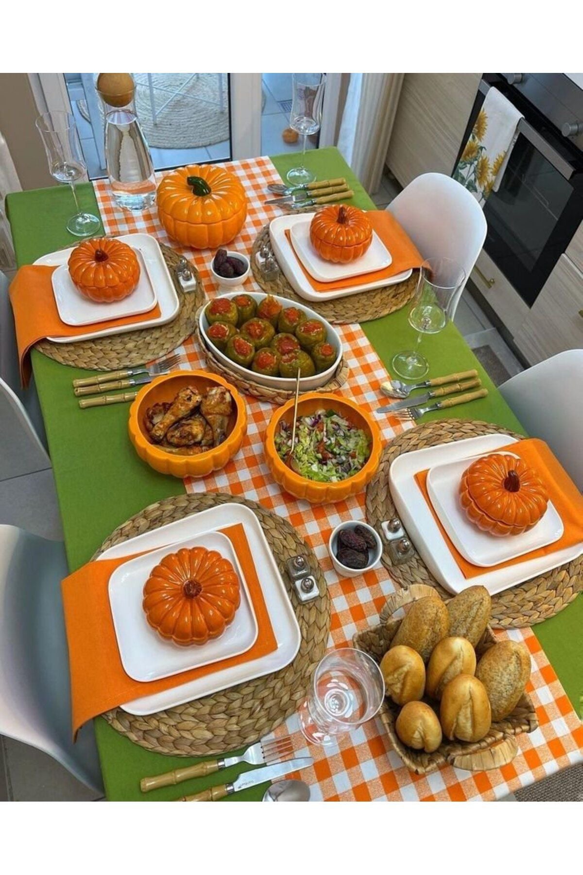 Turuncu Beyaz Pötikare, Ekose, Damalı Runner, Servis Örtüsü