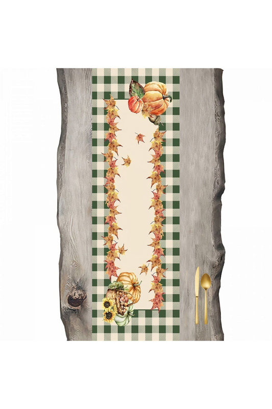 Green Cream Plaid Patterned Pumpkin Runner