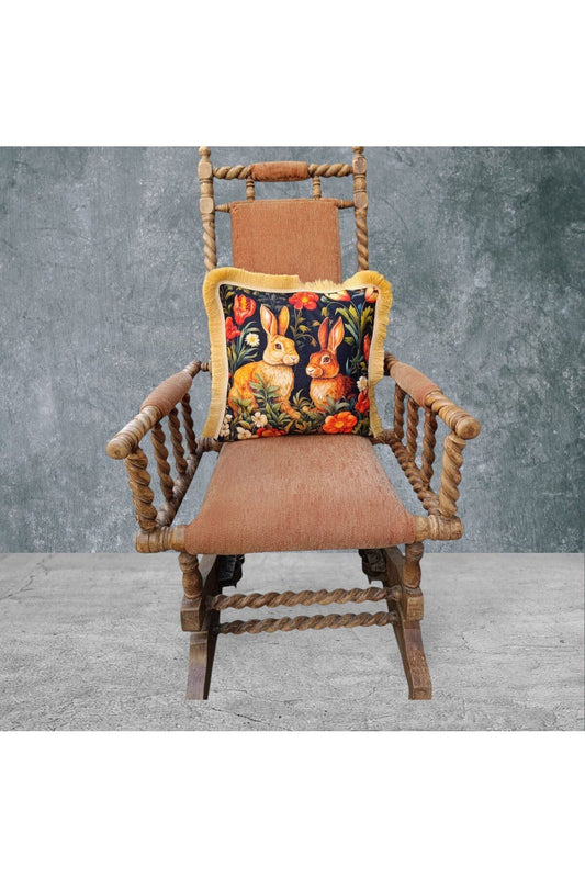 Tavşan Çift Taraflı Dekoratif Püsküllü - Saçaklı Kırlent Kılıfı 1 Adet 43x43cm