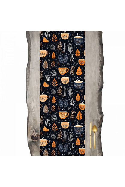 Autumn Series Black Base Autumn Leaves and Hot Cup Runner 45 x 140 cm