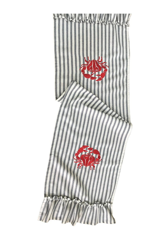 Striped Linen Fabric with Crab Embroidery Runner &amp; Tablecloths / Kitchen &amp; Table Linens