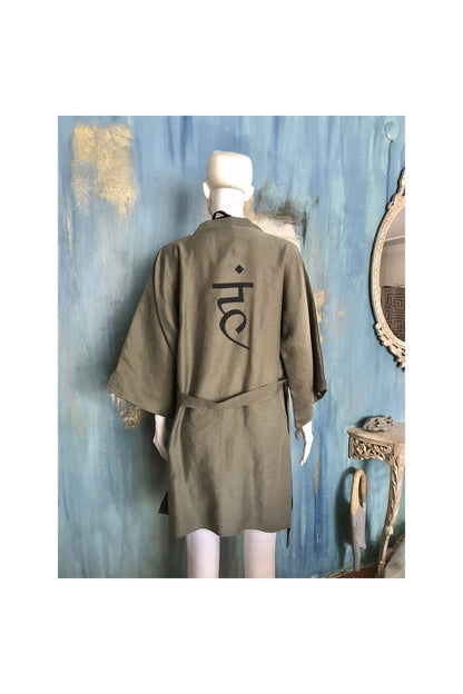 Ham Nakışlı Oversize Keten Kısa Ceket Kimono / Kaftan Haki Rengi