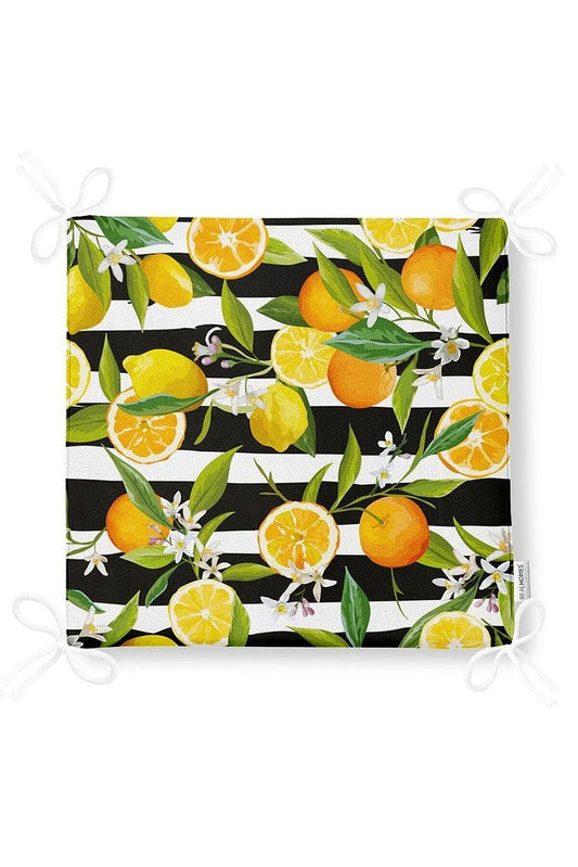 Striped Black Background Lemon Patterned Zippered Chair Cushion