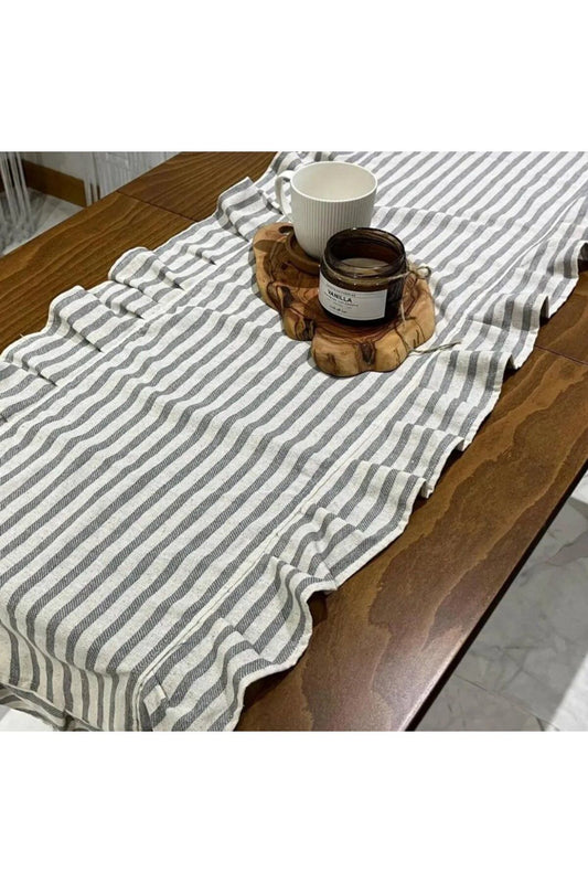 Fırfırlı Gri Çizgili Keten Runner 40 x 150