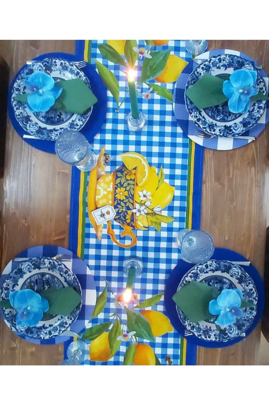 Blue Gingham Bordered Lemon Runner - Runner