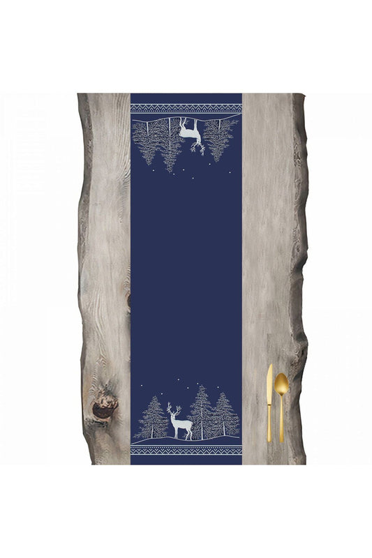 Pine Tree and Deer Navy Blue White Runner - Runner